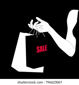 Female hand holding shopping bags. A paper package with text sale in hand of young woman. Sale, Hot Black Friday, Shopping, Fashion, Business, Silhouette