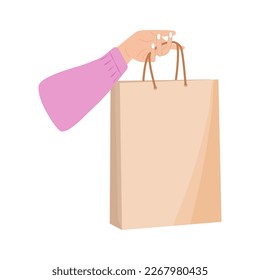 Female hand holding Shopping or gift Bag. Sack for purchases, presents. Hand drawn Vector illustration. Shopping, Discount, sale concept