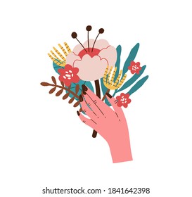 Female hand holding small blooming bouquet with peony bud. Woman with a bunch of beautiful cut flowers. Modern floral gift. Flat vector cartoon illustration on white background