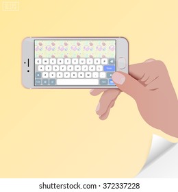 Female hand holding a smart phone horizontally. Demonstration device, horizontal screen.