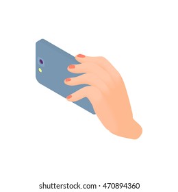 Female hand holding smart phone icon in cartoon style isolated on white background. Device symbol