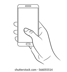 Female Hand Holding A Smart Phone On White Background Of Monochrome Vector Illustrations