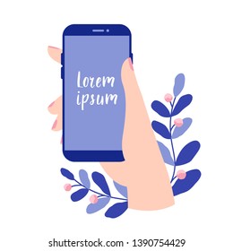 Female hand holding a smartphone with blank screen. Vector smartphone, mobile device, template design mobile app. Flat vector illustration in blue colors.