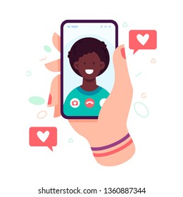 Female hand holding smartphone with boyfriend on screen. Video call with loved one. Finger touch screen. Video call concept. Vector flat cartoon illustration for web sites and banners design.