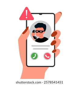 Female hand holding smartphone call from unknown suspect number. Scammer phishing on a mobile phone vector illustration flat design.