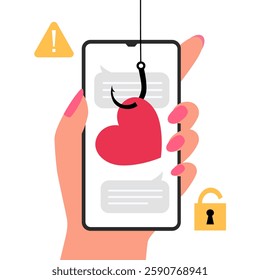 Female hand holding smartphone call with heart hooking from scammer. Romance scam. Scammer phishing on a mobile phone vector illustration flat design.