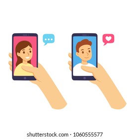 Female hand holding smartphone chatting with friend and boyfriend. Online social media communications and relationship concept. Flat cartoon vector illustration.