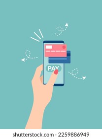 Female hand holding smartphone with credit cards and pay button on screen. Mobile payment and online banking. NFC payment technology. Flat vector illustration