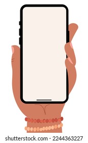 Female hand holding smartphone with empty touch screen. Mobile phone mockup. Digital trends. Hand-drawn vector flat cartoon illustration.