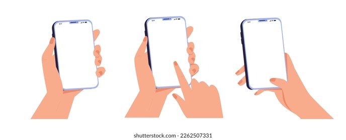 Female hand holding smartphone, empty screen, phone mockup, application on touch screen device. Vector illustration. Technology smartphone mockup.