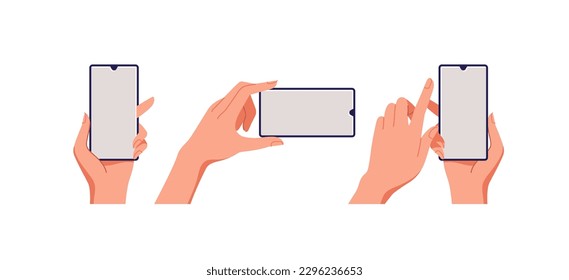 Female hand holding smartphone, empty screen, phone mockup, application on touch screen device. Vector illustration.