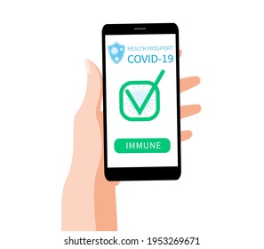 Female hand holding smartphone with immune health passport for covid-19. Status vaccinated. For travel. Vector illustration in cartoon style.