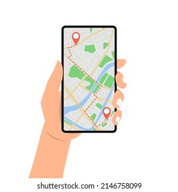 Female hand holding smartphone with mobile GPS navigation. Vector.