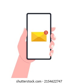 Female hand holding smartphone with new message notification on phone screen. Vector illustration.