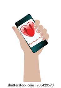 Female hand holding a smartphone - on screen Couple in love in a red heart - isolated on white background - vector art illustration