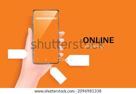 female hand holding a smartphone with a price tag or a promotional tag hanging For designing concepts and advertising materials about online shopping,vector 3d virtua isolated on orange background