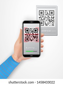 Female hand holding smartphone with QR code scanner mobile app isolated on white background. Cashless payment technology concept. Design element for banner, poster, online shopping, retail