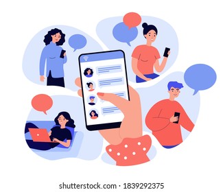 Female Hand Holding Smartphone And Sharing News Flat Vector Illustration. Cartoon Character Using Mobile Phones And Laptop Chatting Online. Digital Technology And Information Concept