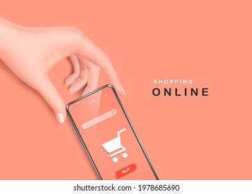 Female hand holding smartphone with shopping cart icon and online order button on smartphone screen,vector 3d isolated on pastel pink backgroud for delivery advertising design
