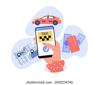 Mano femenina sosteniendo un smartphone con aplicación móvil de taxi. Cabina de pedidos de personas, mapa con pines de localización, métodos de pago ilustración vectorial plana. Servicio de taxi, concepto de tecnología para banner, diseño de sitio web