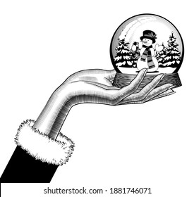 Female hand holding a snow globe with a snowman in scarf and hat. Vintage engraving stylized drawing in black and white colors. Vector illustration