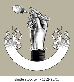 Female hand holding a spoon and retro ribbon banner. Vintage engraving stylized drawing. Vector illustration