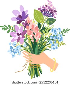 Female Hand holding Spring lush Bouquet of Wild Flowers on white background. Blue, pink, purple, yellow fresh flowers in beautiful composition for Gift on Womens Day March 8, birthday and Mothers day