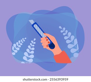 Female hand holding stationery knife. Person with tool for office work, packages or hobby flat vector illustration. Stationery, handicraft concept for banner, website design or landing web page