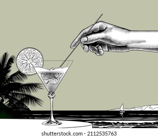 Female hand holding a straw dipped in a cocktail with a orange slice and ices in the cone glass against the sea landscape. Vintage engraving stylized drawing. Vector illustration