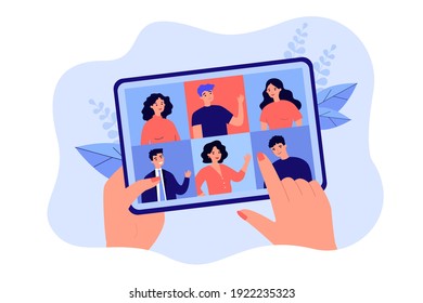 Female Hand Holding Tablet With Group Video Call Isolated Flat Vector Illustration. Cartoon Digital Tablet With Online Conference On Screen. Virtual Community And Communication Concept