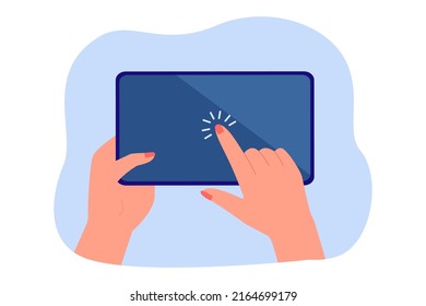 Female hand holding tablet and tapping screen. Person touching mobile device with finger flat vector illustration. Technology, internet concept for banner, website design or landing web page