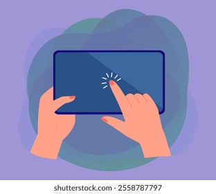 Female hand holding tablet and tapping screen. Person touching mobile device with finger flat vector illustration. Technology, internet concept for banner, website design or landing web page