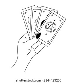 Female hand holding tarot cards. Magic symbol of fortune-telling and prediction. Vector illustration.