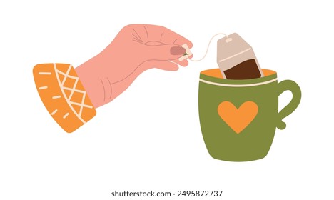 Female hand holding tea bag. Cup of tea. Green cup with tea bag inside. Vector illustration of cozy tea party, eps 10