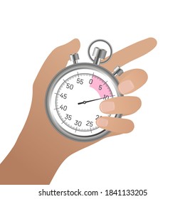 Female hand holding thumb finger chrome stopwatch. Time control on competition, optimization of work, punctuality concept flat vector illustration isolated on white background