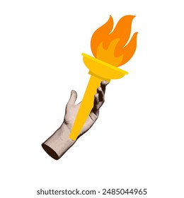 Mano femenina sosteniendo la antorcha con fuego. Collage de semitonos con Símbolo de juegos deportivos. Brazo humano con antorcha ardiente. Ilustración vectorial