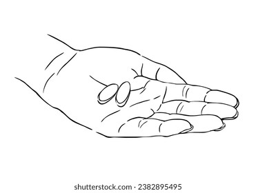 female hand holding two pills line drawing vector illustration