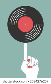 Female hand is holding a vintage vinyl record on index finger. Retro music concept with gramophone record. Vector illustration