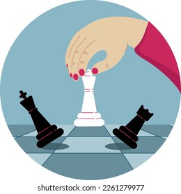 Female hand holding white queen figure. Woman playing chess. Checkmate, business success, strategy concept. Vector flat illustration in circle.
