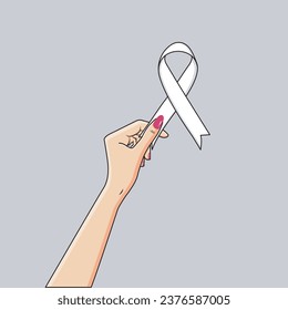 Female Hand Holding White Satin Ribbon Lung Cancer Awareness November Month Vector Illustration