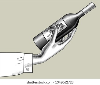 Female hand holding a wine bottle. Vintage engraving stylized drawing. Vector illustration