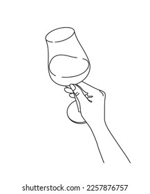 Mano femenina sosteniendo vidrio de vino.  Elemento de diseño vectorial monocromo, ilustración de arte de línea.