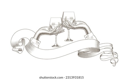 Female hand holding a wine glass, retro ribbon banner and a decorative frame. Vintage engraving stylized drawing. Vector illustration