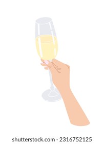 Female hand holding wine glass isolated on white.  Simple design element, vector flat illustration.