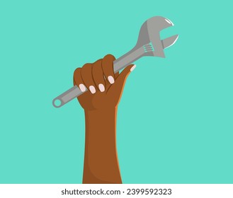 Female hand holding wrench tool vector illustration. Drawing for International worker day concept with copy space.