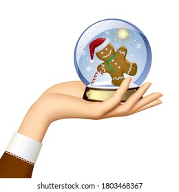 Female hand holding a Xmas snow globe with a gingerbread man with a sparkler within isolated on white. Vector illustration