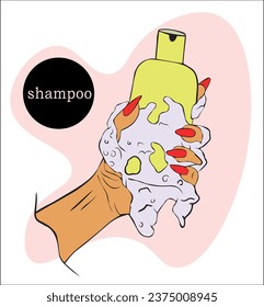 female hand holds a bottle of shampoo with foam. dispenser with cosmetic liquid product - for liquid soap, gel, lotion, bath foam
