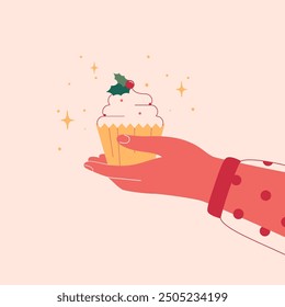 Female hand holds Christmas dessert. Cupcake decorated via topping, berries and holly leaves is in the human arm. Winter holiday pie. Festive New Year sweet food. Flat vector illustration