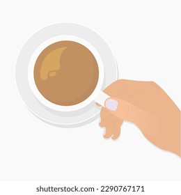 Female Hand Holds Coffee Cup on Saucer, Top View, Isolated on White Background. Flat Vector Illustration
