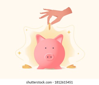 Female hand holds coin and drops it into the piggy bank or money box. Flat pink piggy box. Money saving, financial investment, business income concept illustration. Vector illustration